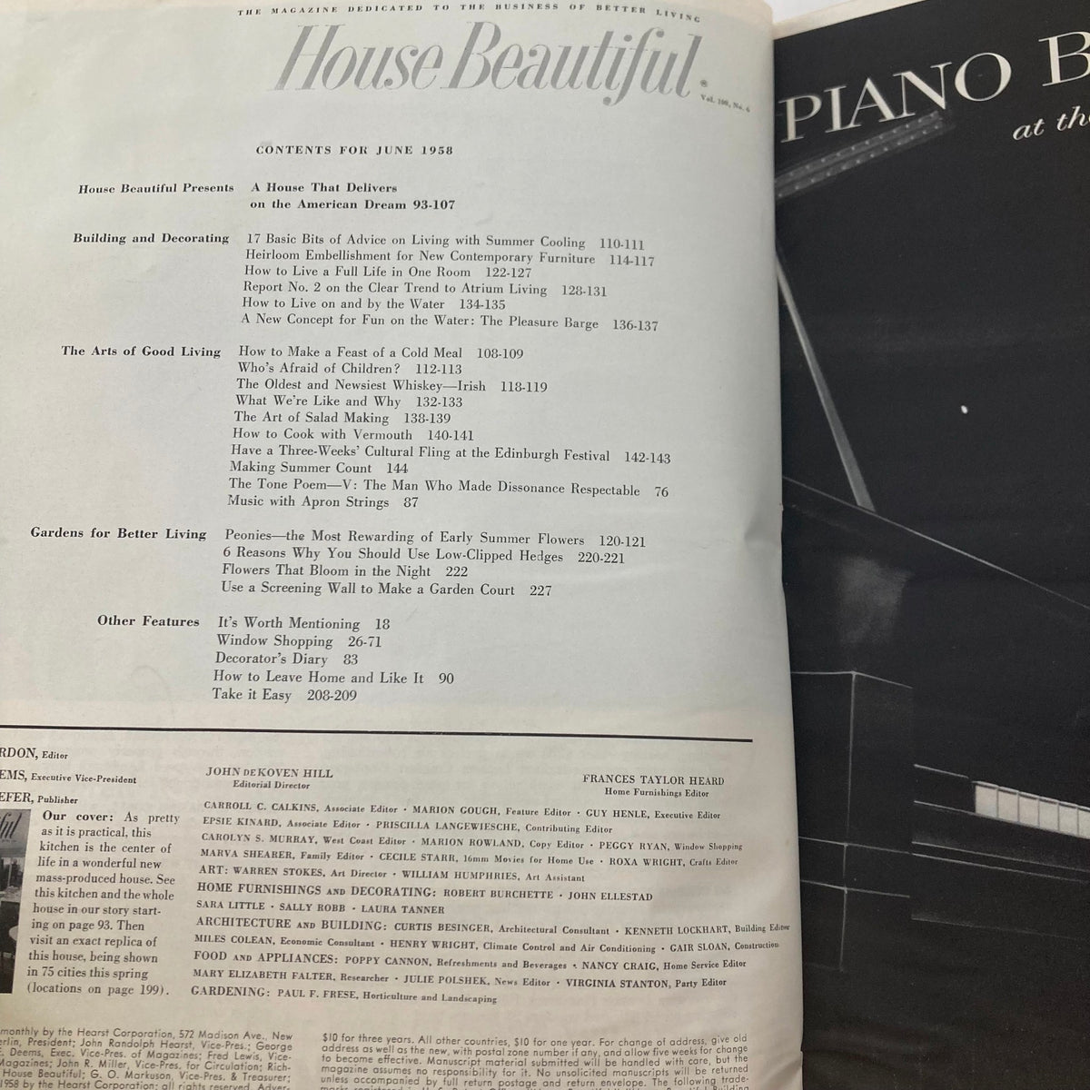 Contents page of the House Beautiful Magazine from June 1958, featuring articles including 'The Oldest and Newest Whiskey' and various topics on home design and gardening.
