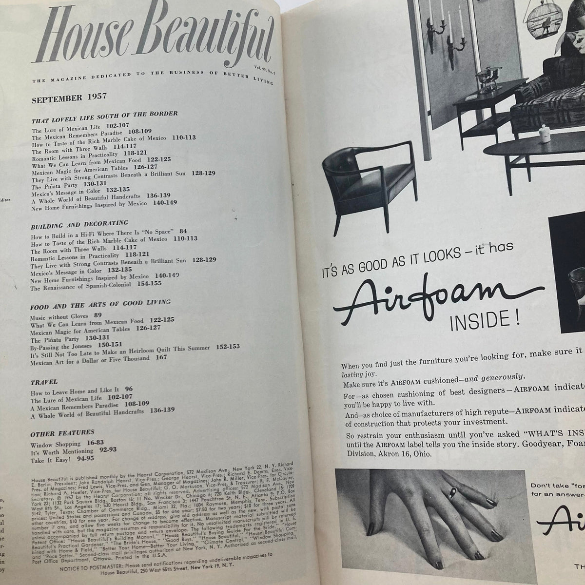 Interior page of the House Beautiful Magazine September 1957 displaying the content list, highlighting articles related to home decor, design ideas, and travel inspirations.