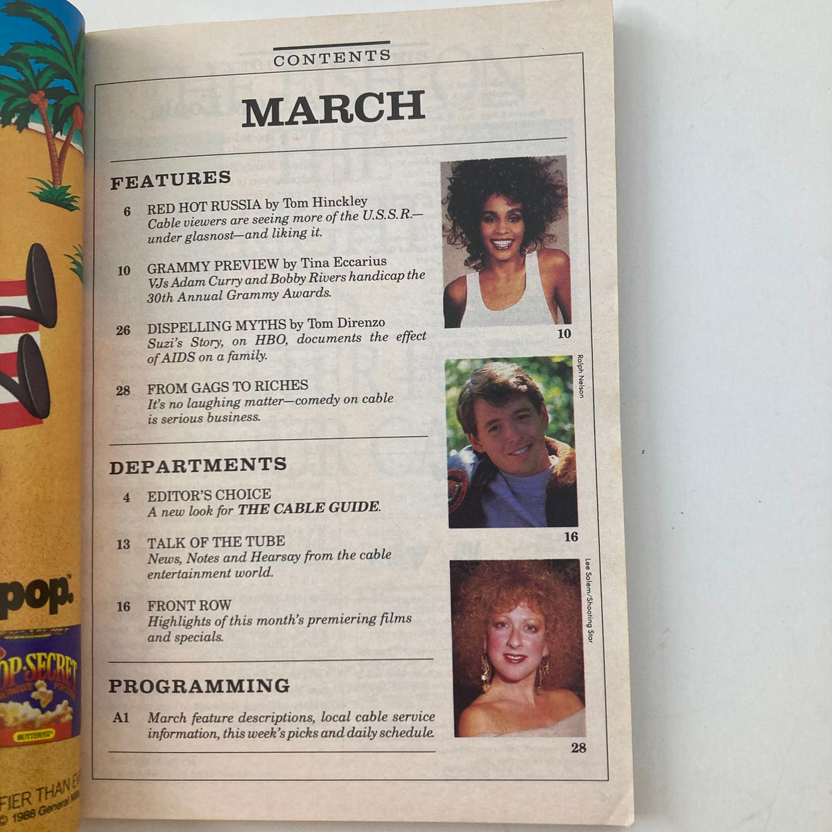 Contents page from VTG The Cable Guide Magazine March 1988 Vol 7 No. 75 featuring features and departments, including articles on Grammy preview and cable shows.