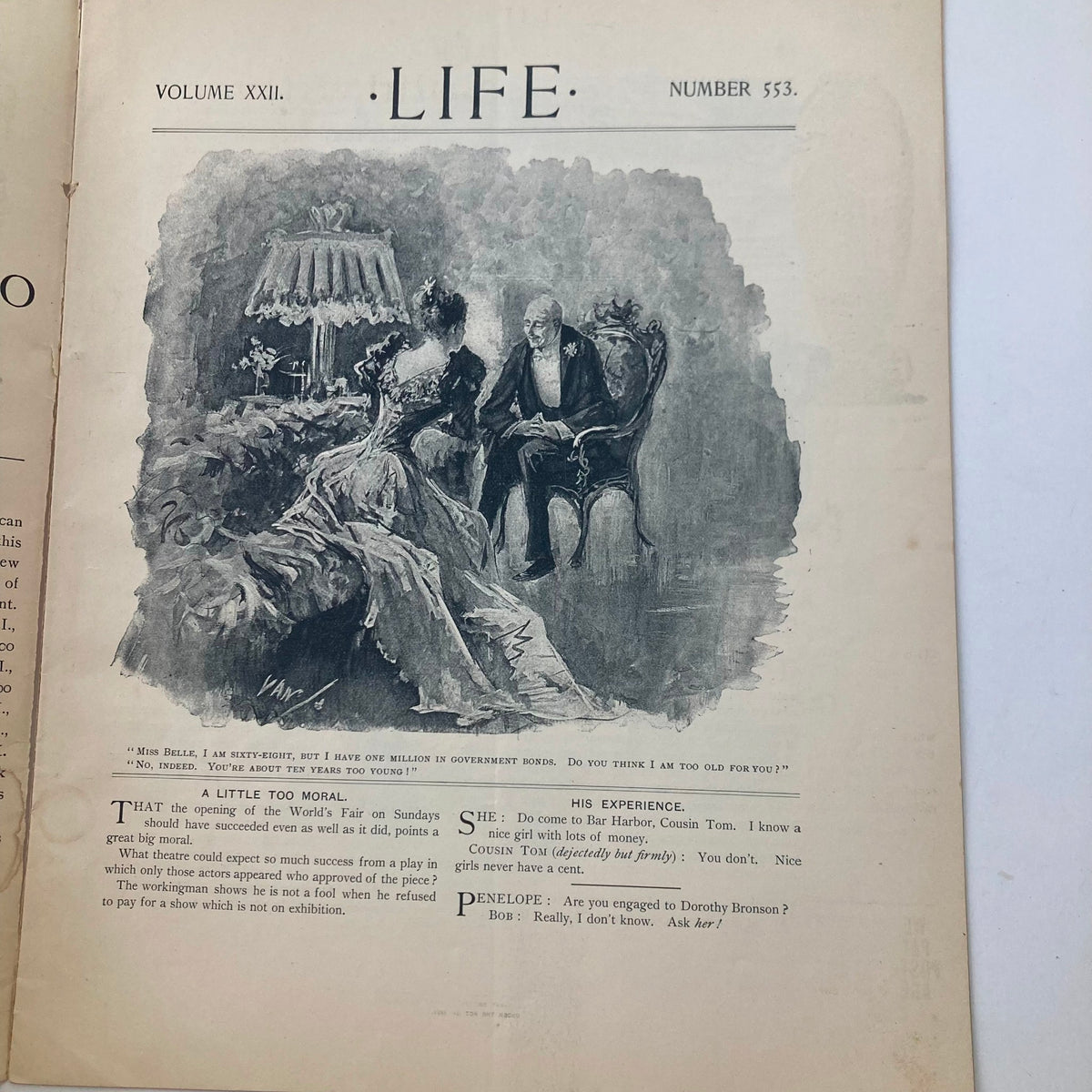 VTG Life Magazine August 3 1893 Vol 22 No. 553 featuring an illustration of a couple in a parlor setting with a lamp and conversation.