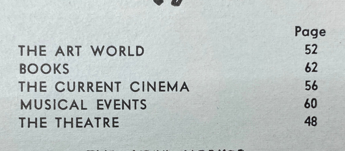 Table of contents from The New Yorker magazine, detailing sections including The Art World, Books, The Current Cinema, Musical Events, and The Theatre, associated with 'The New Yorker Complete Magazine December 28, 1968 Andrei Francoi Cover No Label'.
