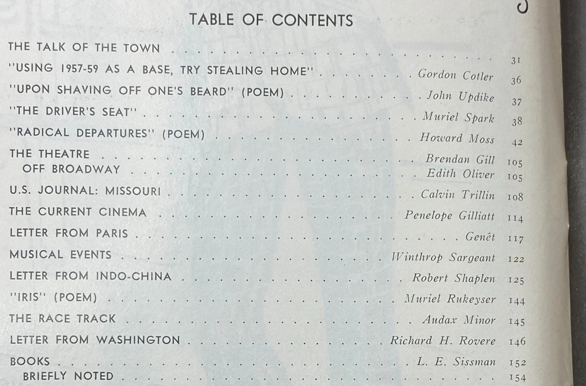 Table of contents from The New Yorker magazine, May 16, 1970, listing articles and poems including works by Gordon Cotler, John Updike, and Muriel Spark.