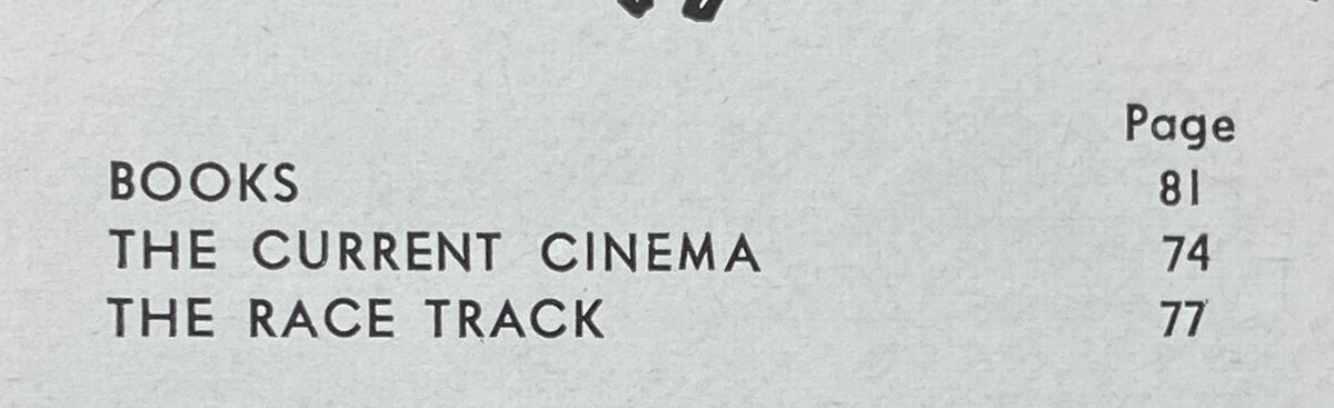 Table of contents from The New Yorker magazine, detailing featured articles including 'Books', 'The Current Cinema', and 'The Race Track', page numbers indicated.