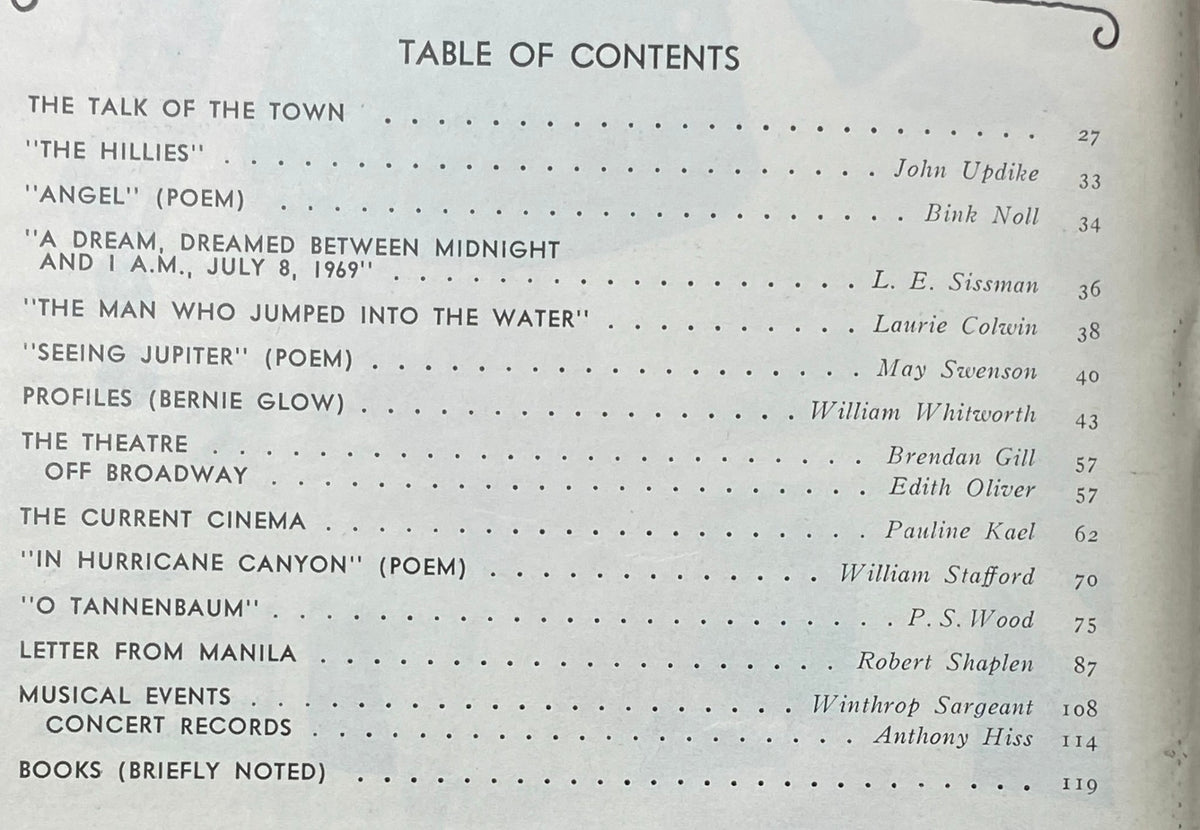 Table of Contents from The New Yorker Complete Magazine December 20, 1969, featuring a list of articles including 'The Hillies' by John Updike, and various poems and profiles, showcasing the literary contributions within this vintage magazine.