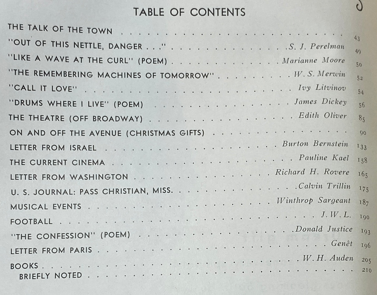 Table of contents from The New Yorker Complete Magazine November 29, 1969, listing featured articles, authors, and page numbers, reflecting a diverse range of cultural and literary topics.