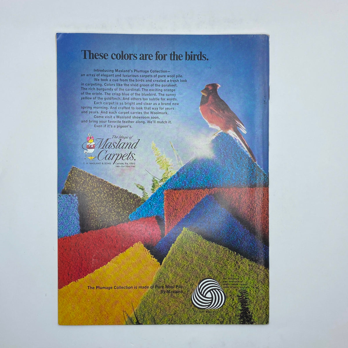 Advertisement for Masland Carpets featuring vibrant colors inspired by birds, titled 'These colors are for the birds', showcasing pure wool pile carpets. The New Yorker Complete Magazine July 5, 1969 Saul Steinberg Cover No Label VG.