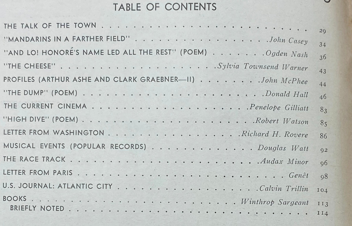 Table of contents from The New Yorker magazine June 14, 1969, detailing featured articles including 'Mandarins in a Farther Field' and 'Letters from Washington'.