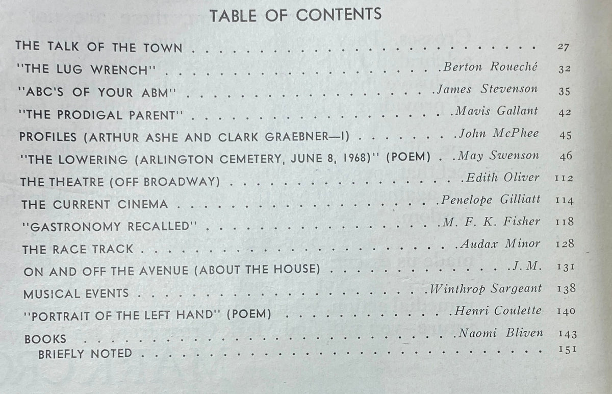 Table of contents from The New Yorker magazine dated June 7, 1969, listing featured articles including 'The Talk of the Town' and profiles of notable figures.