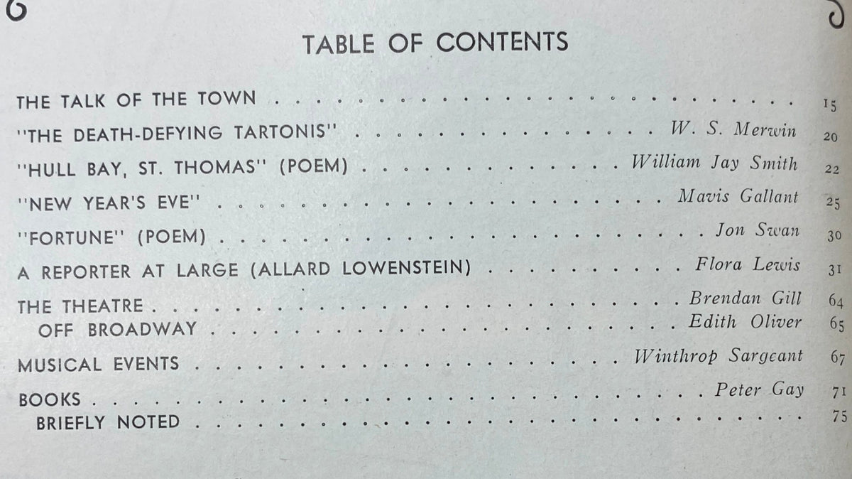 Table of contents for The New Yorker magazine, January 10, 1970, featuring article titles including 'The Death-Defying Tartonis' by W. S. Merwin and 'New Year’s Eve' by Mavis Gallant.