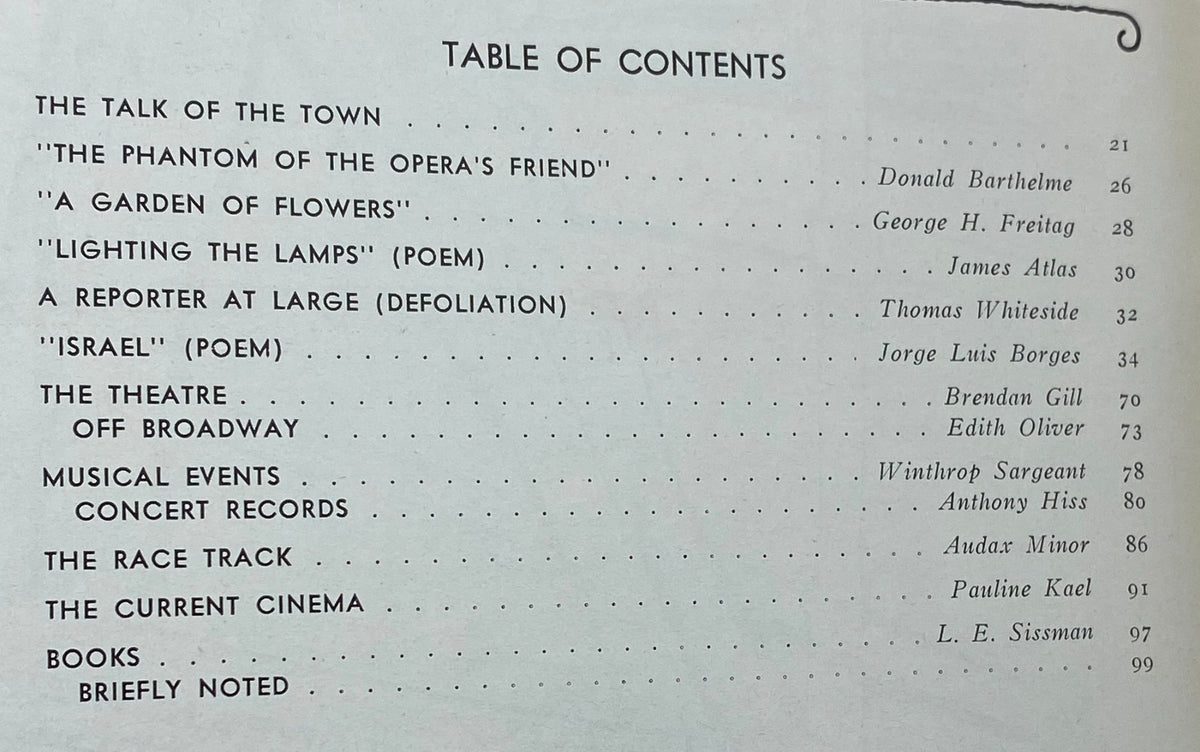 Table of contents from The New Yorker, February 7, 1970, listing notable articles and poems including Donald Barthelme's 'The Phantom of the Opera's Friend' and Jorge Luis Borges' work.