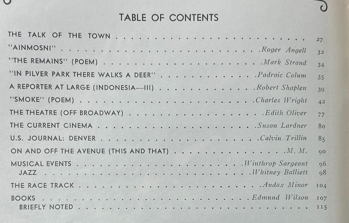 Table of Contents page from The New Yorker Complete Magazine May 31, 1969, showcasing featured articles and poetry including works by Robert Shaplen and Mark Strand.