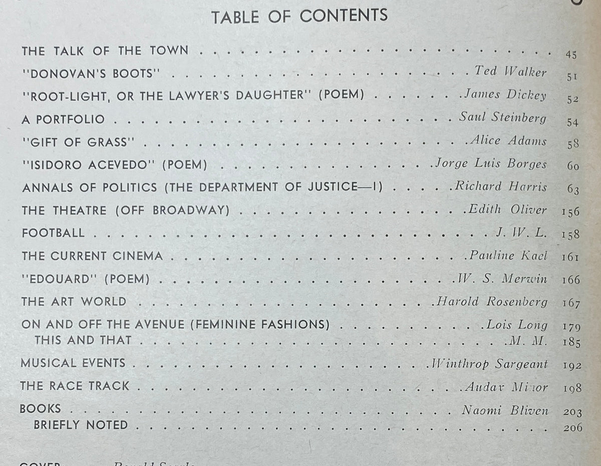 Table of contents from The New Yorker Complete Magazine November 8, 1969, listing articles, poems, and contributions along with page numbers.