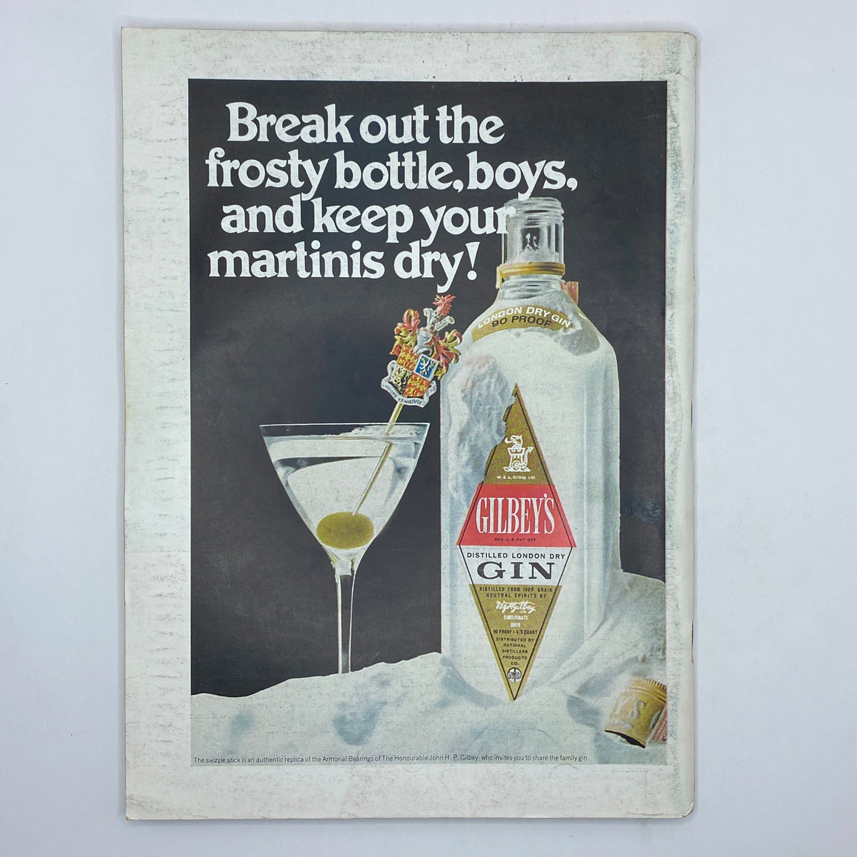 Back cover of The New Yorker Complete Magazine November 8, 1969, featuring an advertisement for Gilbey's Gin, encouraging readers to break out the frosty bottle for martinis.