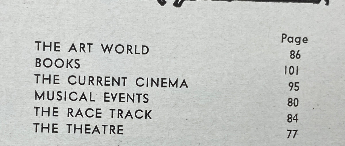Table of contents of The New Yorker magazine, January 25, 1969, featuring sections including The Art World, Books, Current Cinema, Musical Events, The Race Track, and The Theatre.