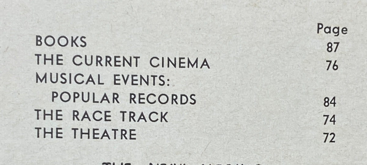 Page detailing contents from The New Yorker magazine dated January 18, 1969, featuring listings for Books, Current Cinema, Musical Events, Race Track, and Theatre.