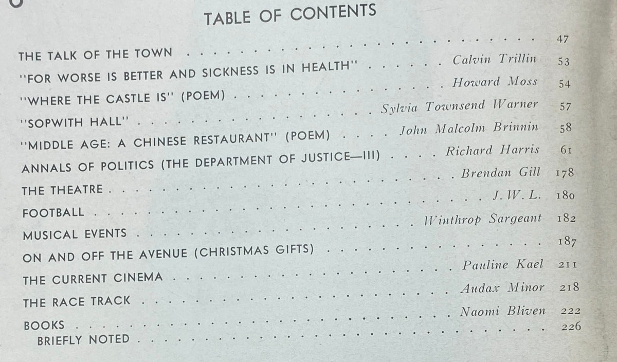 Table of contents from The New Yorker magazine dated November 22, 1969, listing featured articles and poetry, including works by Calvin Trillin and Howard Moss.