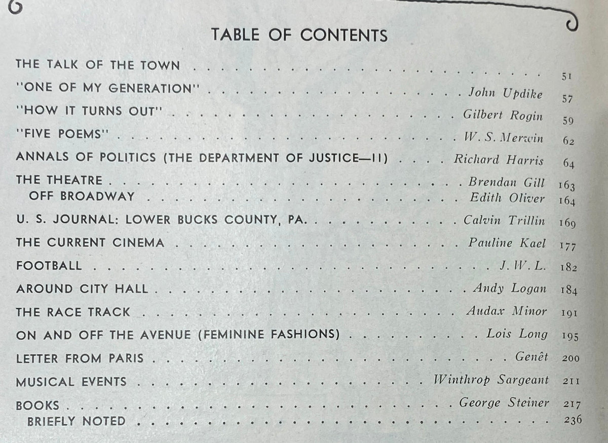 Table of contents from The New Yorker Complete Magazine November 15, 1969, listing featured articles including 'The Talk of the Town' and 'One of My Generation'.