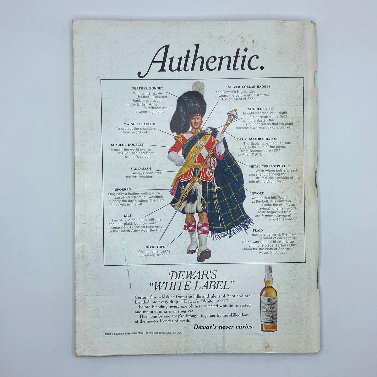 Back cover of The New Yorker Complete Magazine November 15, 1969, showcasing an advertisement for Dewar's White Label whisky with an illustration of a Highlander.