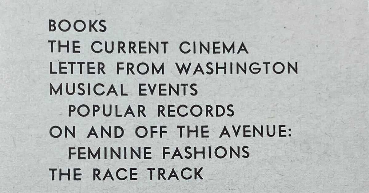 Back cover of The New Yorker Complete Magazine March 1, 1969 listing article topics including 'Books', 'The Current Cinema', 'Letter from Washington', 'Musical Events', 'Popular Records', 'On and Off the Avenue: Feminine Fashions', and 'The Race Track'.