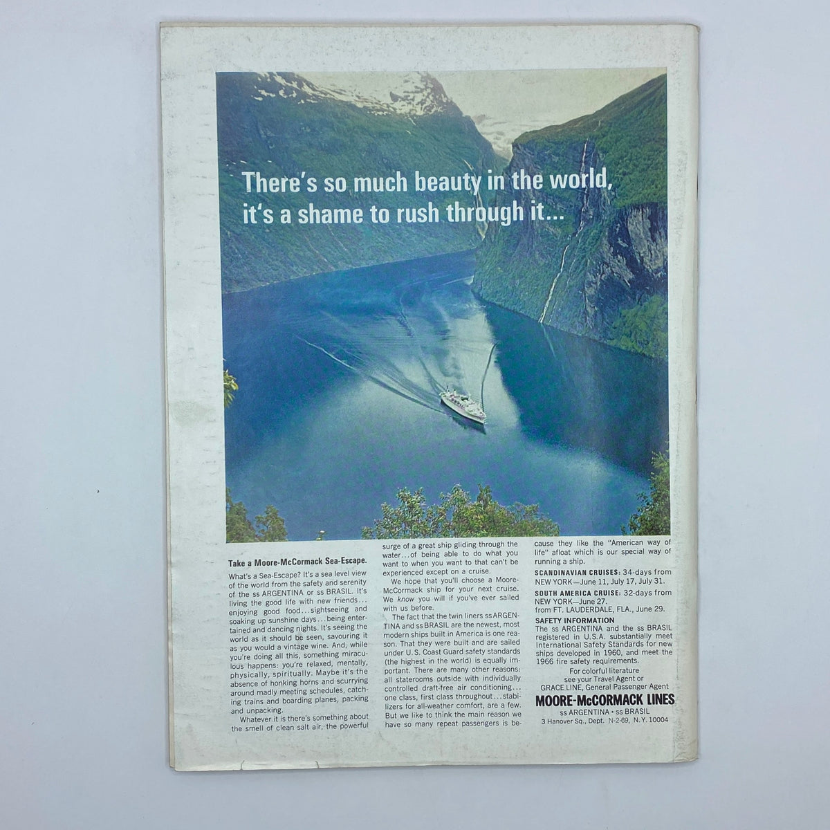 Back cover of The New Yorker magazine from February 22, 1969, showcasing a scenic photo of a ship on a tranquil fjord surrounded by mountains, advertising sea travel.