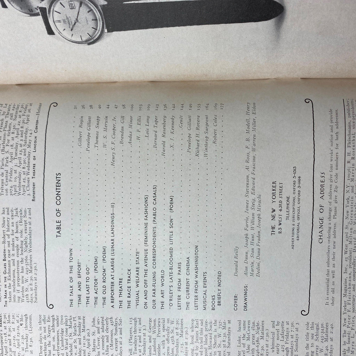 Interior page of The New Yorker April 19, 1969 displaying the table of contents, showcasing articles and features of that era.