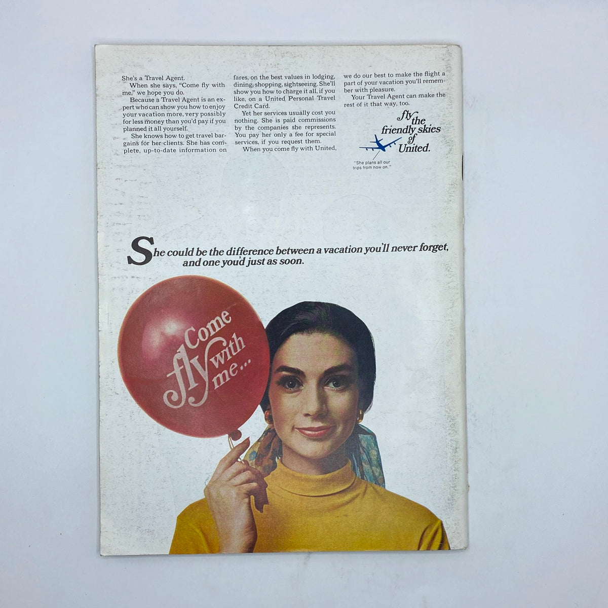 The New Yorker Complete Magazine May 10, 1969 James Stevenson Cover No Label featuring a vintage travel agent advertisement. The image shows a woman holding a red balloon with the text 'Come fly with me...' while wearing a yellow top and a blue scarf, set against a light-colored background.
