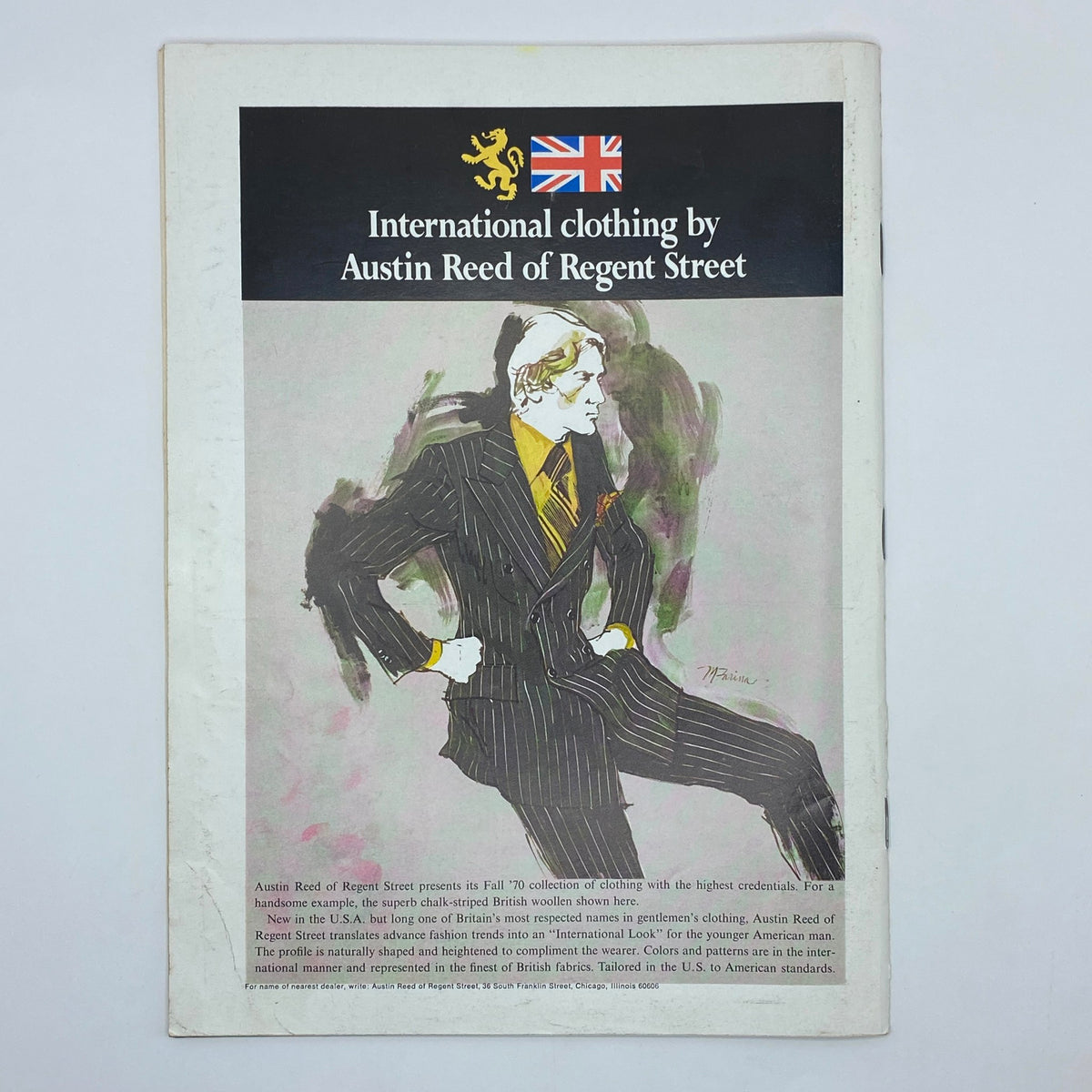 Back cover of The New Yorker Complete Magazine August 8, 1970 showcasing an advertisement for international clothing by Austin Reed of Regent Street, highlighting fashion in the 1970s.