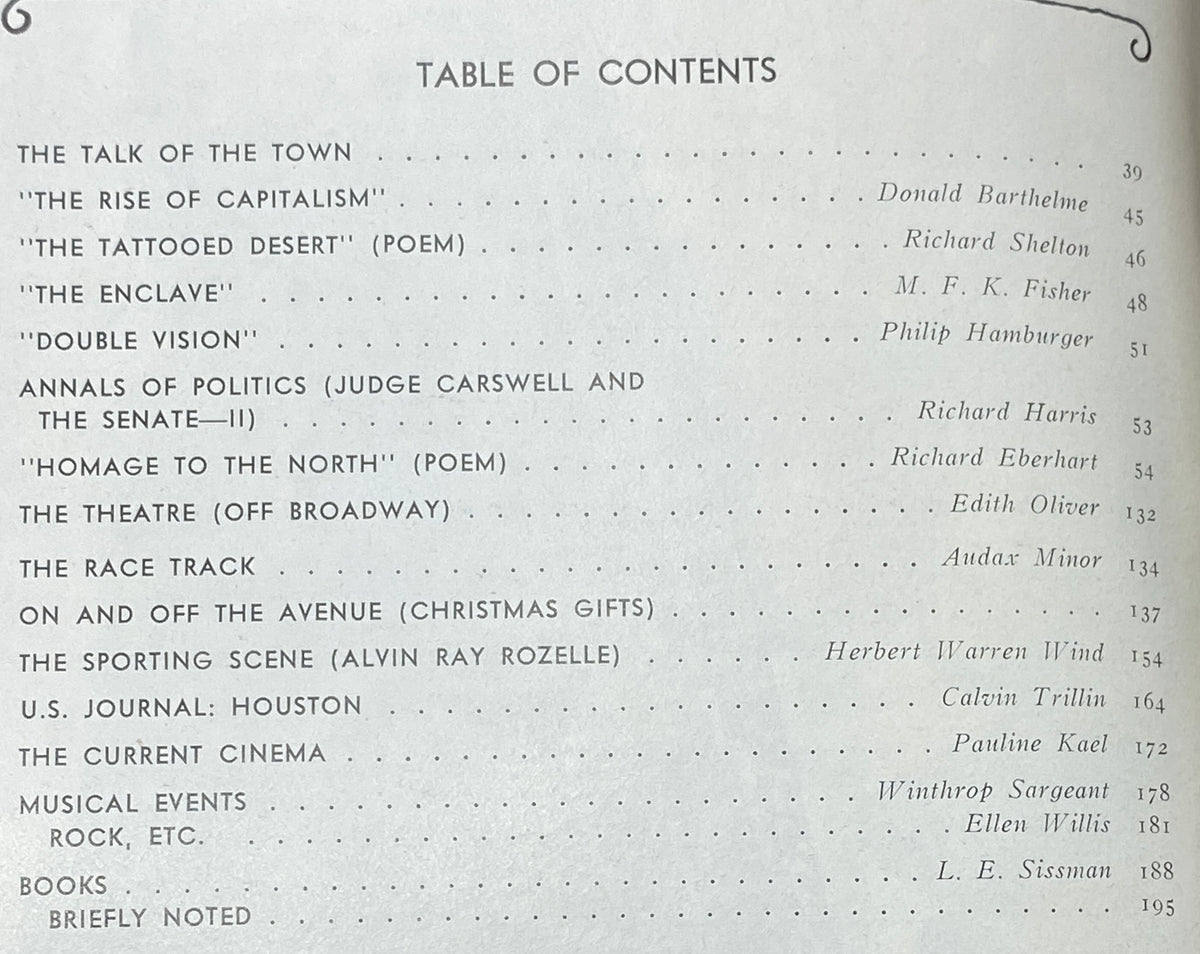 Table of contents page from The New Yorker Complete Magazine December 12, 1970, featuring article titles such as 'The Rise of Capitalism' and 'Double Vision', in vintage style layout.