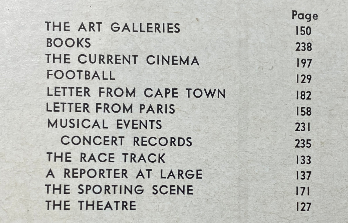 Back cover of The New Yorker magazine from November 5, 1966, featuring a table of contents including sections like The Art Galleries, Books, The Current Cinema, and more, showcasing cultural articles.