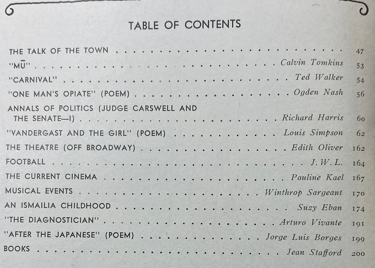 Table of Contents from The New Yorker Complete Magazine December 5, 1970, listing articles and poems including contributions from Ogden Nash and Pauline Kael.