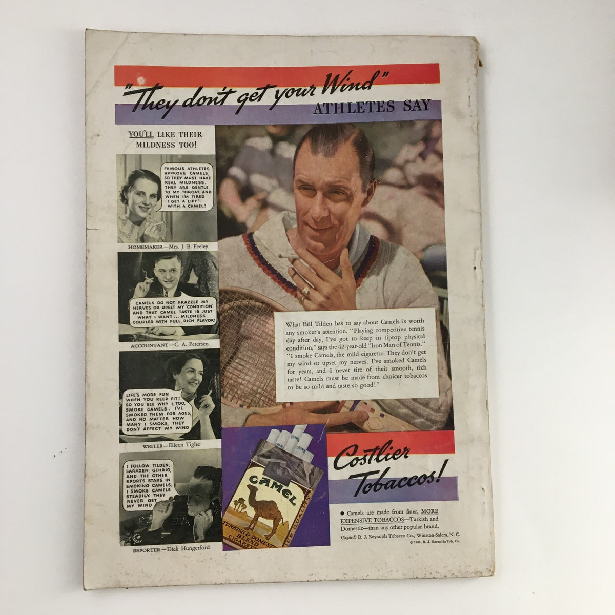 Back cover of The American Magazine October 1935 featuring an advertisement for Camel cigarettes, highlighting endorsements from athletes and showcasing vintage marketing styles.