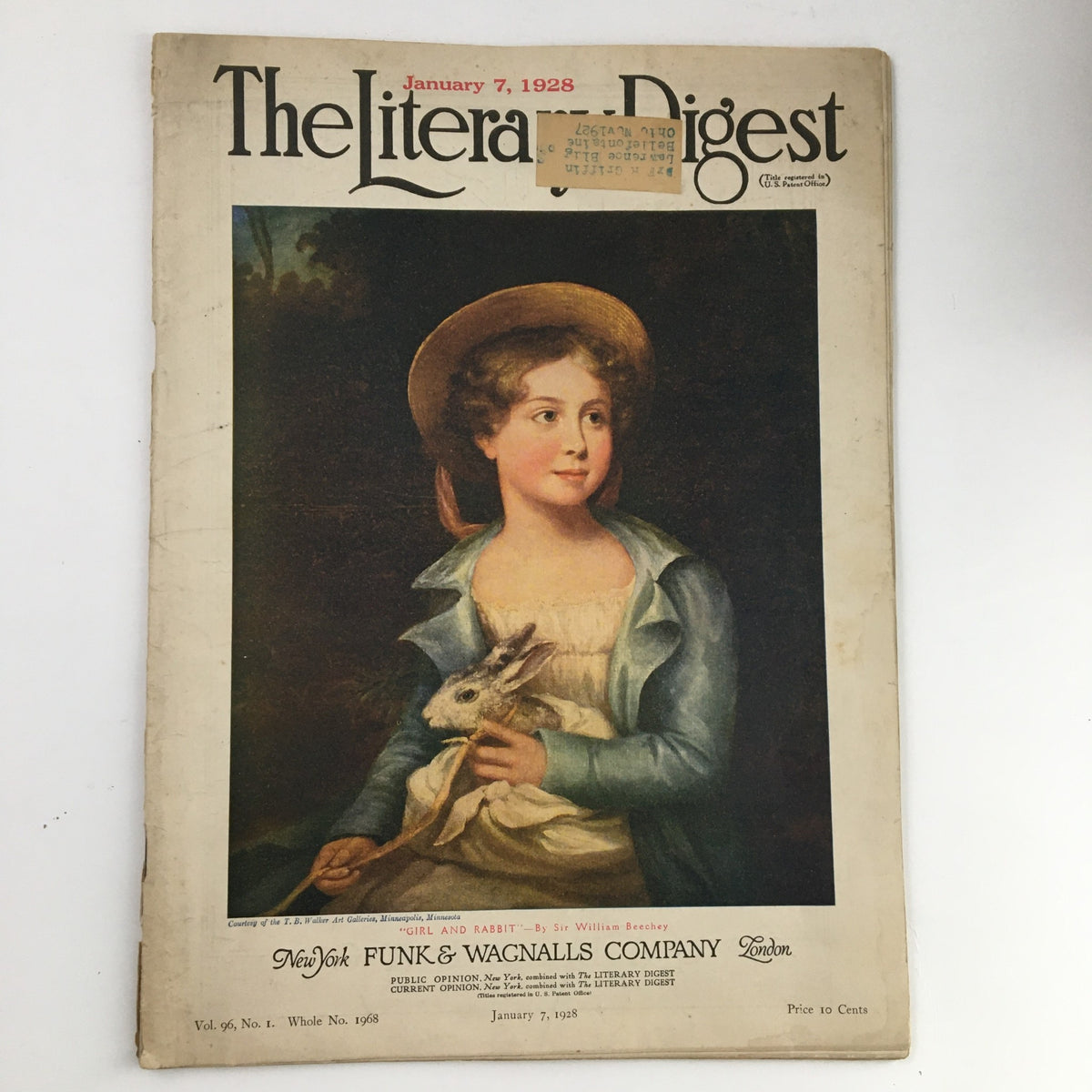 VTG The Literary Digest January 7 1928 issue featuring the cover artwork 'Girl and Rabbit' by Sir William Beechey, showcasing a young girl holding a rabbit with a serene expression.