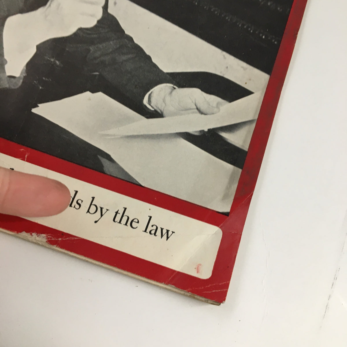 Detail from Newsweek Magazine cover July 24, 1939 featuring Francis C. Harrington with a hand pointing at the phrase 'He Stands by Law'. This vintage magazine offers a glimpse into the historical context of America in the late 1930s.