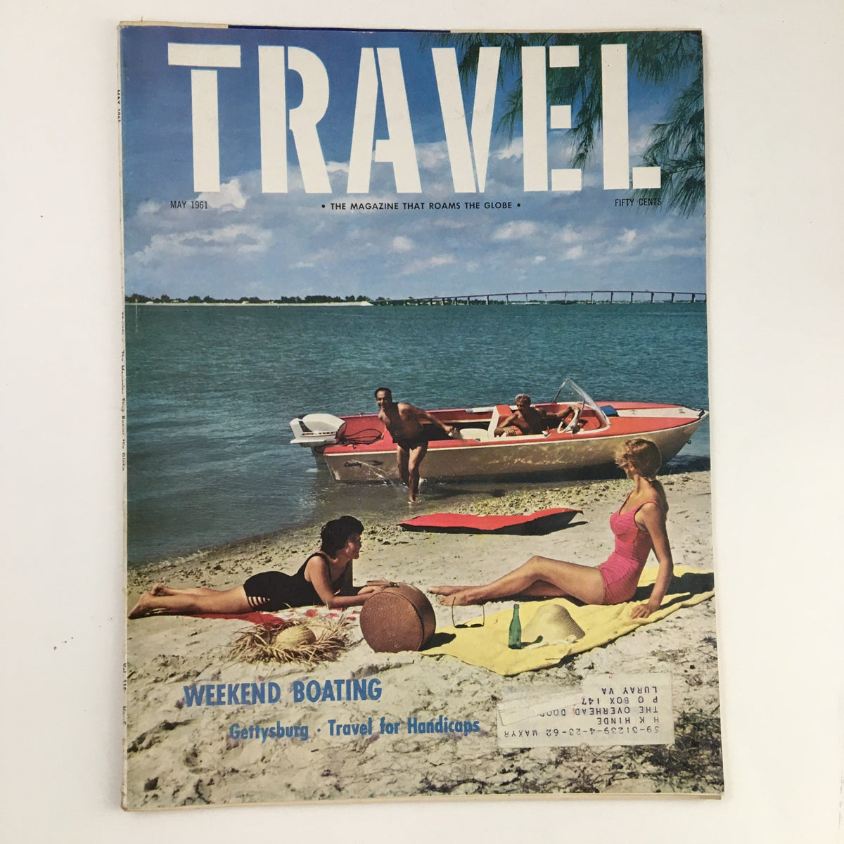 Cover of VTG Travel Magazine May 1961 featuring weekend boating adventures, Gettysburg travel tips, and accessible travel options with people enjoying the beach and boating.
