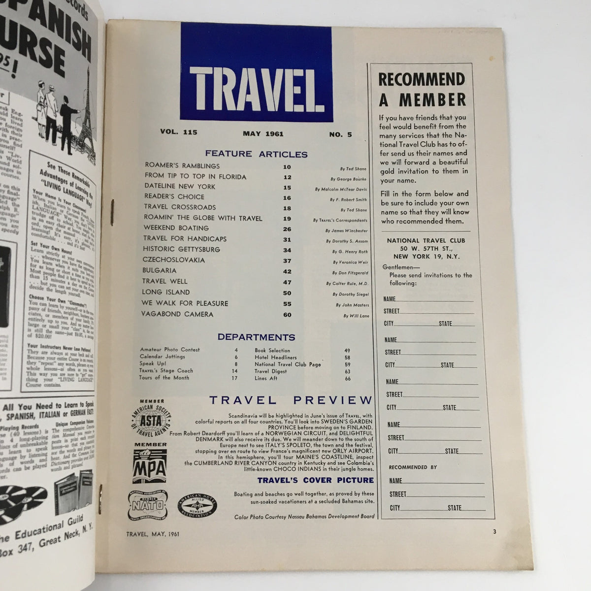 Interior page of VTG Travel Magazine May 1961 displaying the table of contents, highlighting articles such as 'Weekend Boating' and 'Travel for Handicaps'.