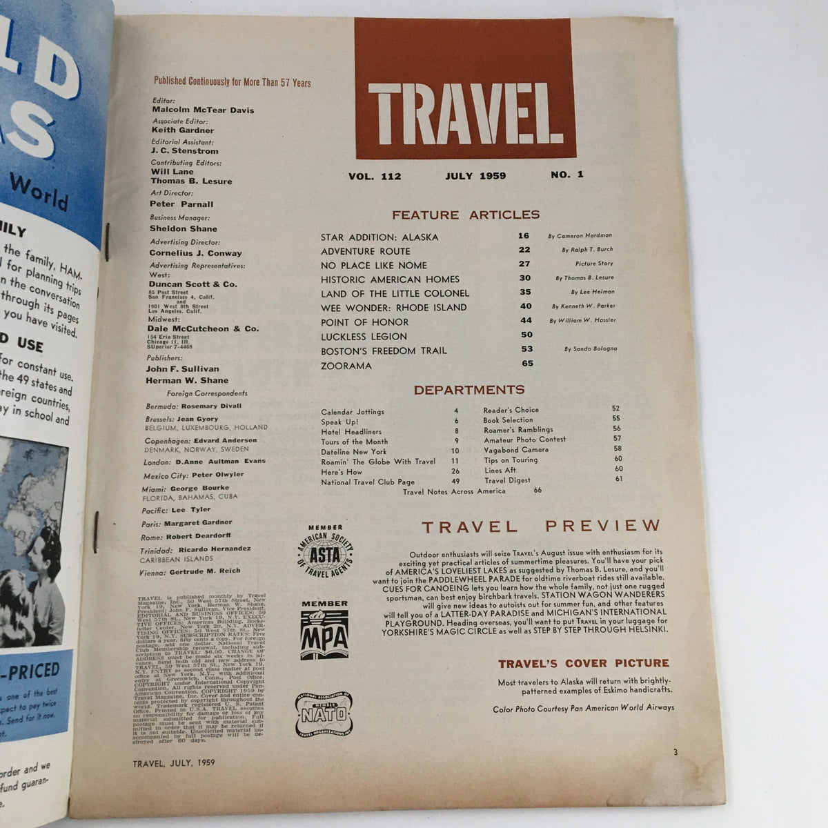 Inside page of VTG Travel Magazine from July 1959, displaying the table of contents with feature articles including 'Star Addition: Alaska' and 'Land of the Little Colonel', reflecting vintage travel literature.