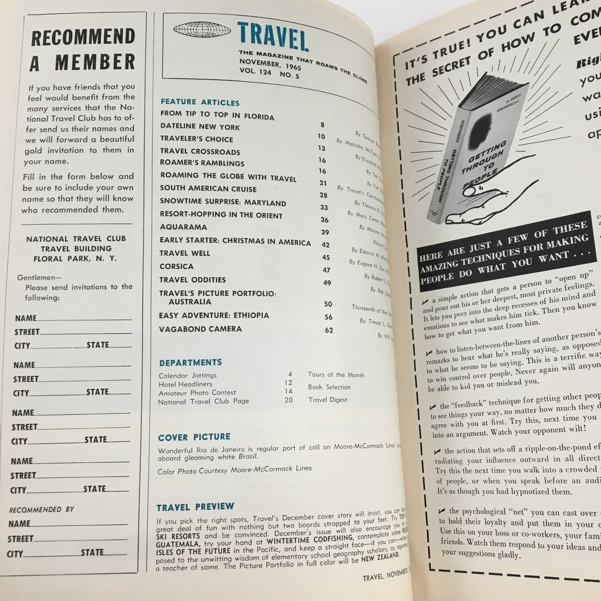 Interior page of VTG Travel Magazine November 1965, showcasing the table of contents, featuring exciting articles including a South American Cruise and Corsica.