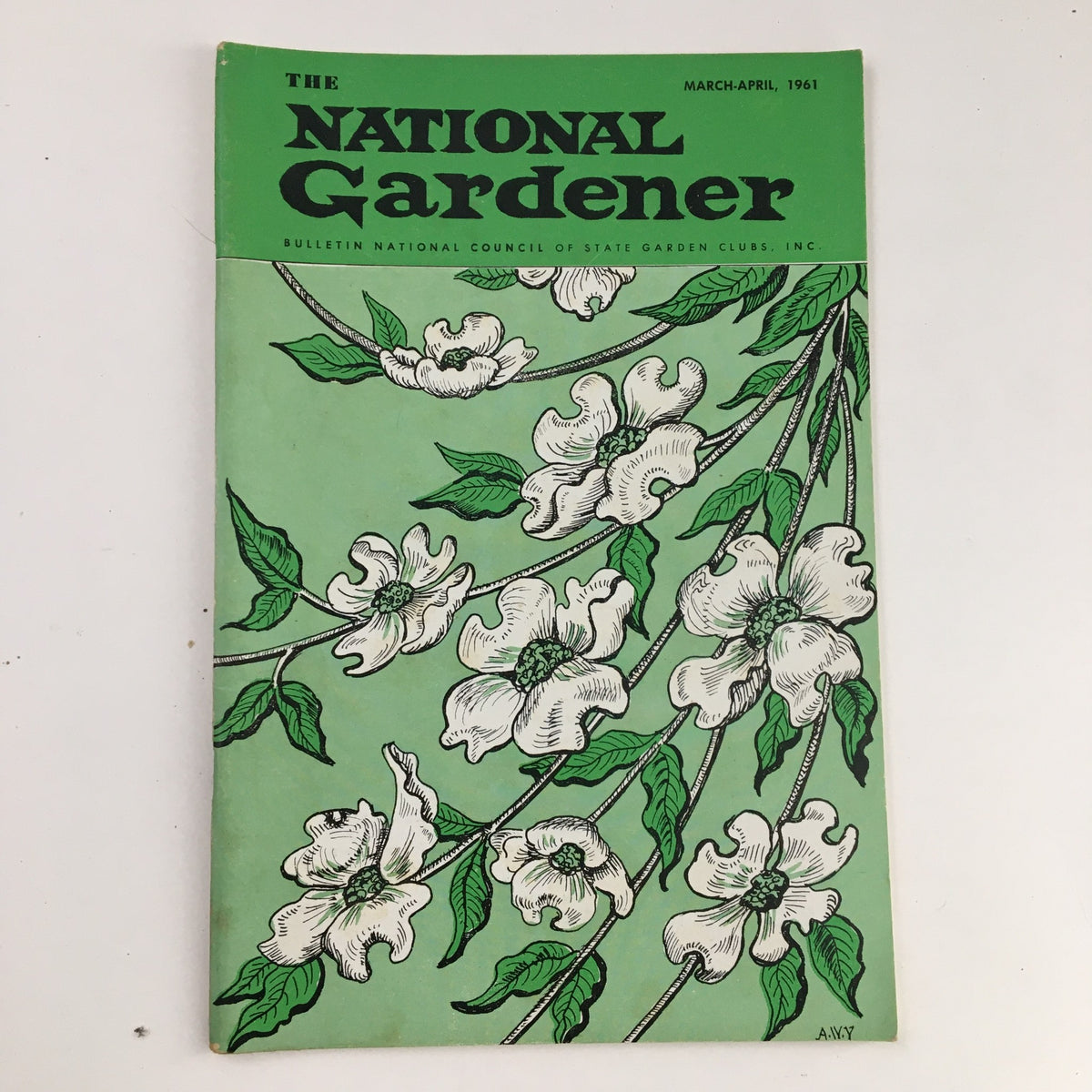 Cover of The National Gardener Magazine, March 1961, featuring illustrated dogwood flowers on a green background, highlighting Valley Forge's Dogwood in Bloom.