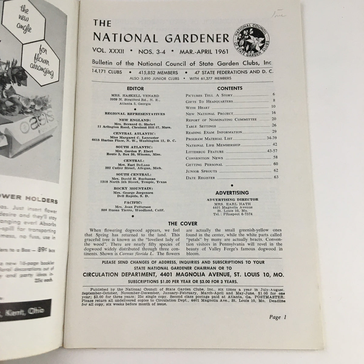 Interior page of The National Gardener Magazine, March 1961, displaying the table of contents and editorial information from the issue that focuses on Valley Forge's Dogwood in Bloom.