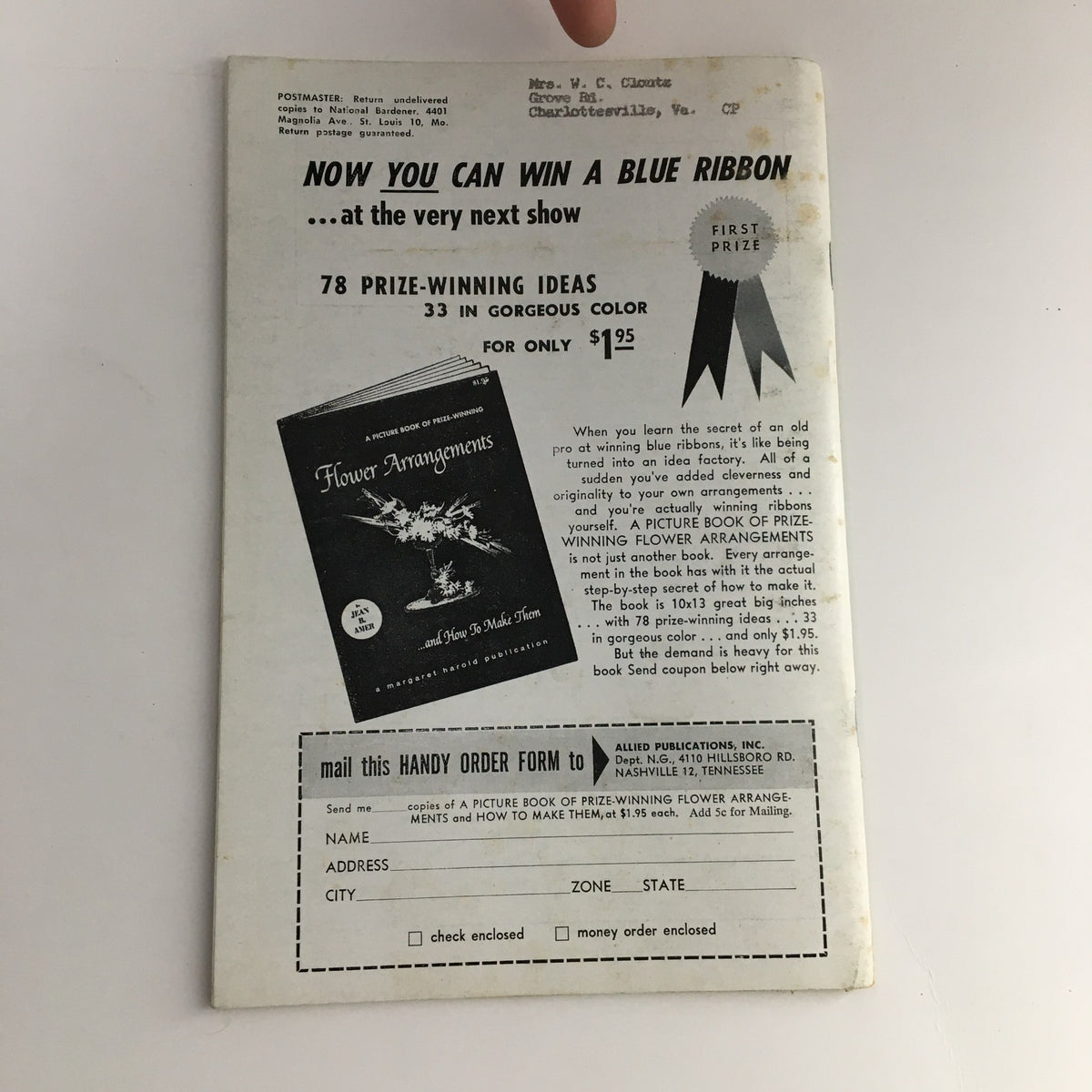 Back cover of The National Gardener Magazine, March 1961, showcasing an advertisement for winning a blue ribbon with flower arrangements, relevant to the gardening theme of Valley Forge's Dogwood in Bloom.
