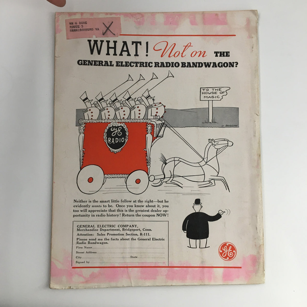 Back cover of Radio Retailing Magazine January 1935 featuring a whimsical General Electric advertisement with cartoon characters and a promotional offer, reflecting the era's marketing flair.