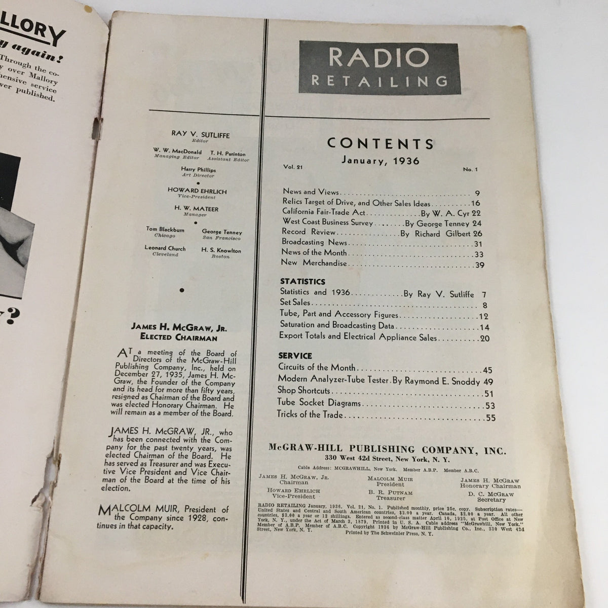 Contents page of Radio Retailing Magazine January 1936 featuring various articles on radio technologies and statistics.