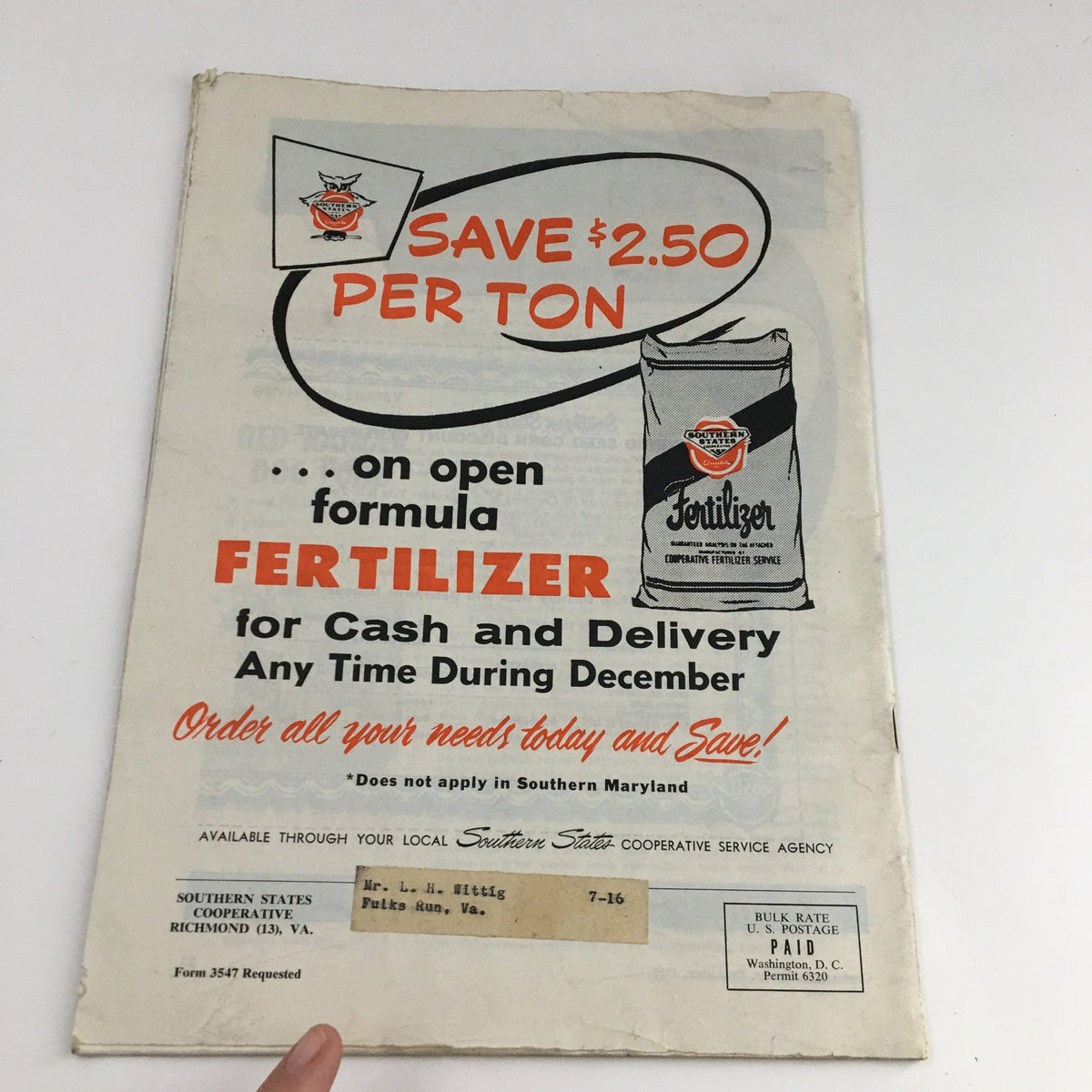 Back cover of Cooperative Farmer Magazine December 1956, advertising open formula fertilizer savings for Southern Maryland farmers.