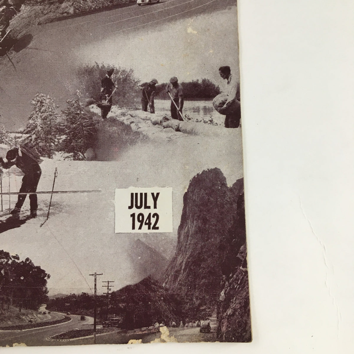 California Highway and Public Works July 1942 Survey Party Adapts Radio Device, featuring black and white images depicting historical infrastructure work, nature, and workers in action.
