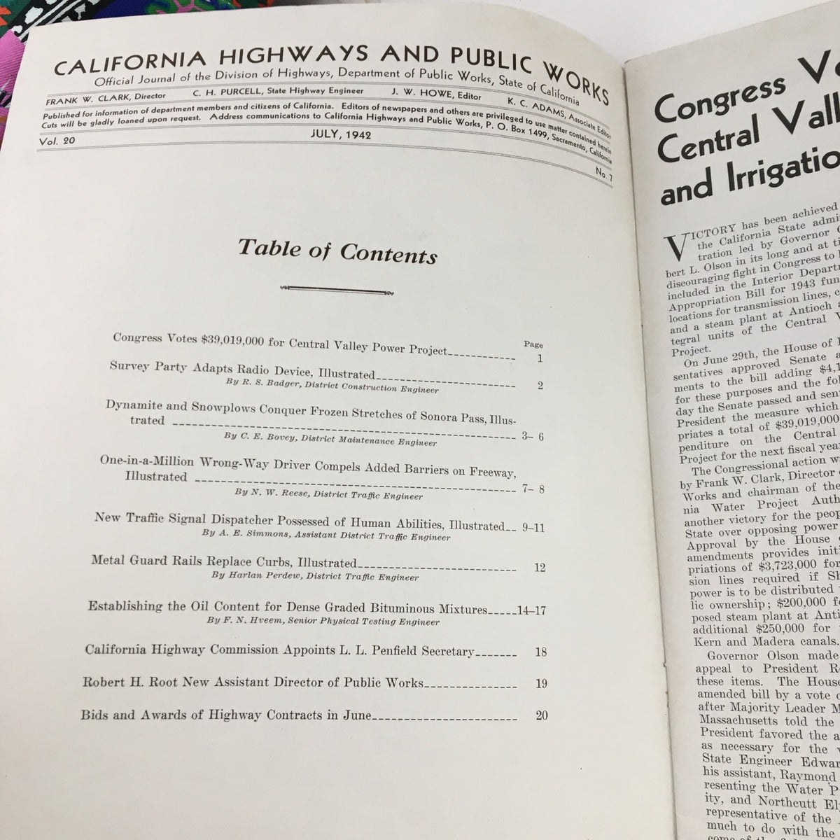 California Highway and Public Works July 1942 Survey Party Adapts Radio Device, showcasing the magazine's table of contents and notable articles related to infrastructure and engineering advancements.