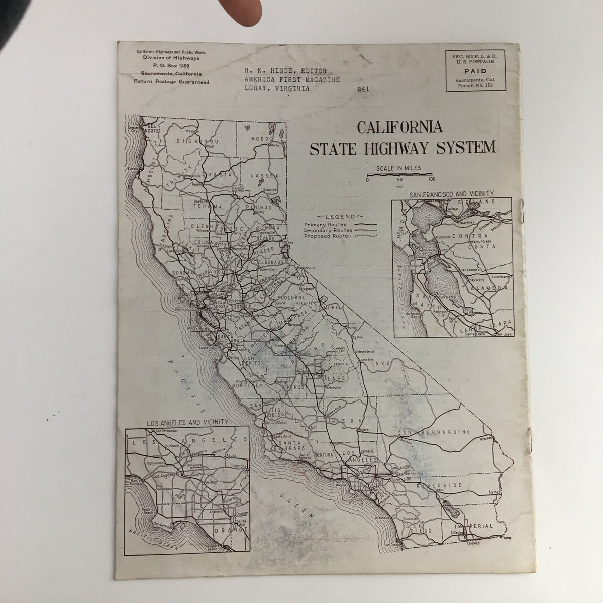 California Highway and Public Works July 1942 Survey Party Adapts Radio Device, presenting a map of the California State Highway System during the 1940s, highlighting primary and secondary routes.