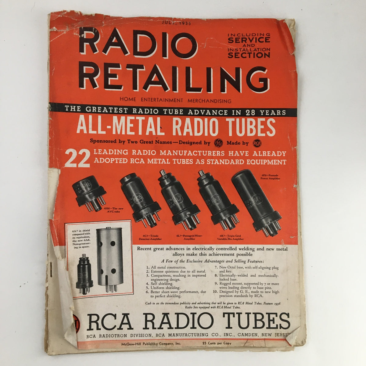 Cover of the July 1935 Radio Retailing Magazine featuring an article on All-Metal Radio Tubes, highlighting advancements in radio technology with vibrant orange and black design.