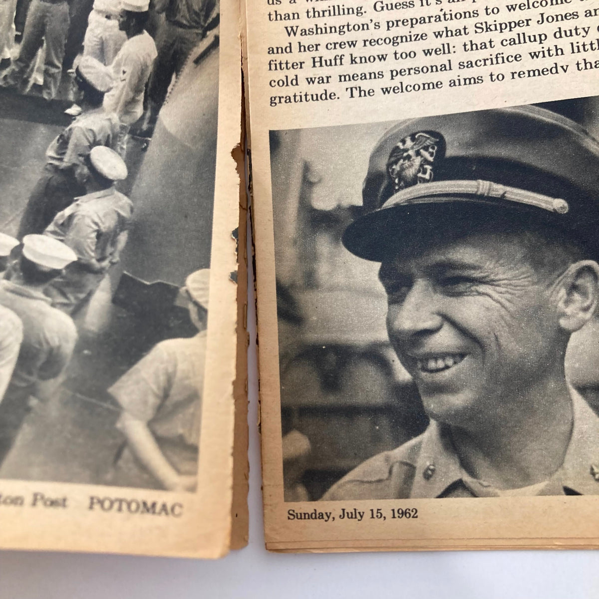 Close-up of VTG Washington Post Potomac Magazine dated July 15, 1962, featuring a smiling officer and sailors, highlighting the District Warriors.