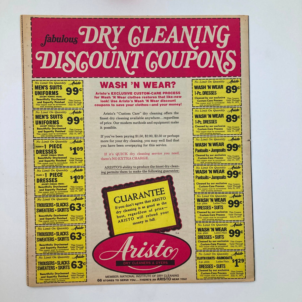 Back cover of VTG Washington Post Potomac Magazine July 4, 1971, displaying discount coupons for dry cleaning services from Aristo Dry Cleaners, highlighting promotional offers.