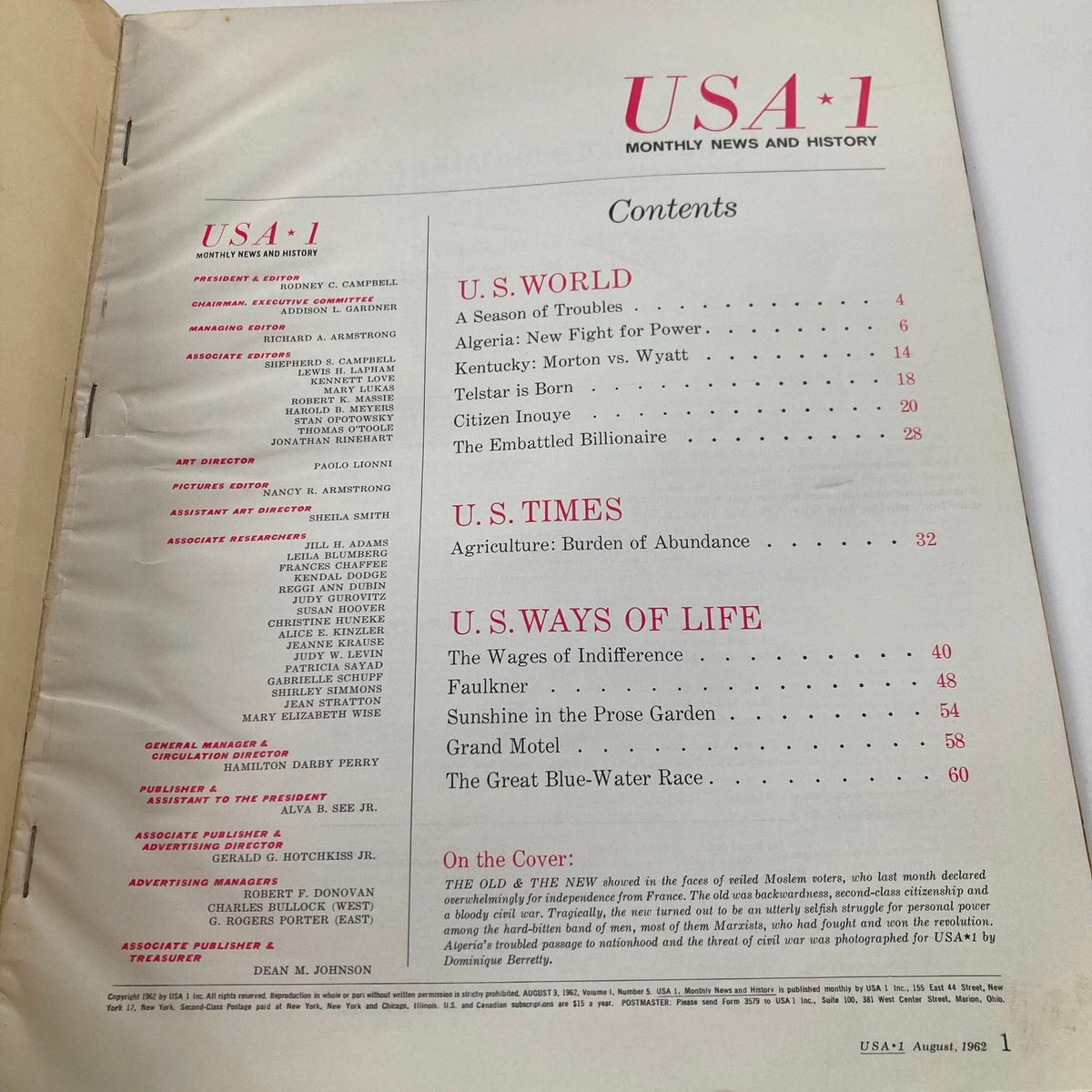 Contents page of VTG USA*1 Magazine August 1962, listing features on political and cultural topics.